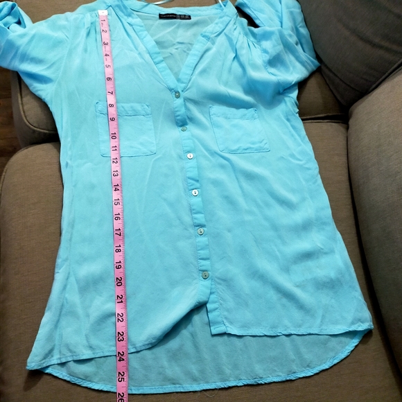 Atmosphere Light Blue V Neck Long Sleeves Light Button Down Top - Picture 10 of 12